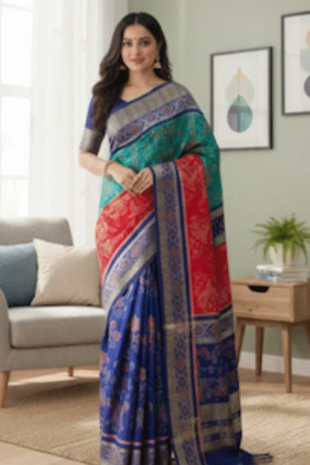 Untitled design – 2025-11-25T122600.333 Sambalpuri Cotton Ikkat Half n Half with Fish Border - Image 1