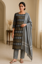 Regal Grey Ikat Elegance Sambalpuri Cotton Dress