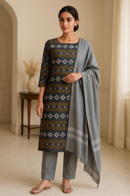 Regal Grey Ikat Elegance Sambalpuri Cotton Dress
