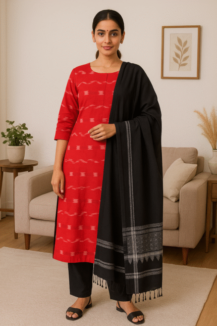 Crimson Ikat Majesty Sambalpuri Cotton Dress