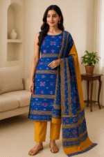 Royal Blue Mustard Ikat Elegance – Premium Sambalpuri Cotton Suit Set with Traditional Ikat Dupatta