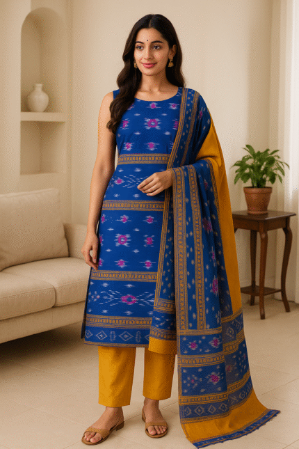 Royal Blue Mustard Ikat Elegance – Premium Sambalpuri Cotton Suit Set with Traditional Ikat Dupatta