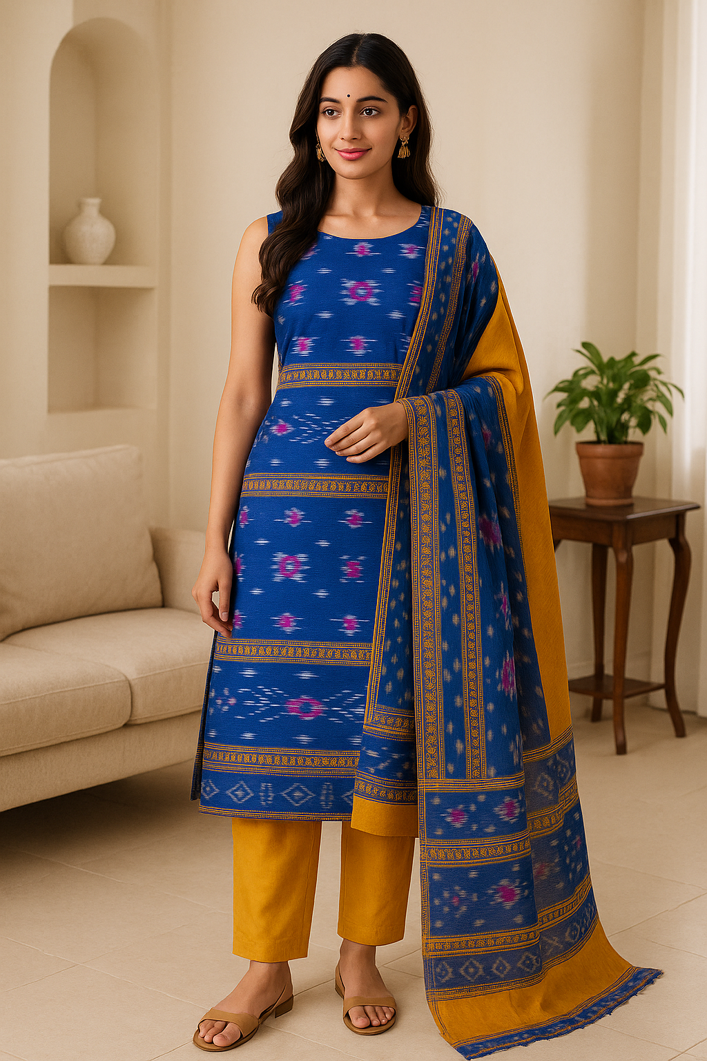 ChatGPT Image Dec 2, 2025, 04_54_28 PM Royal Blue Mustard Ikat Elegance – Premium Sambalpuri Cotton Suit Set with Traditional Ikat Dupatta - Image 1