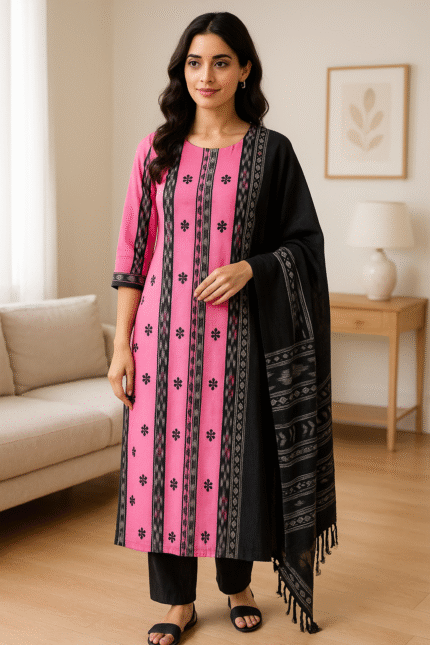 Elegant Pink Ikat Bloom – Premium Sambalpuri Cotton Suit Set with Black Ikat Dupatta