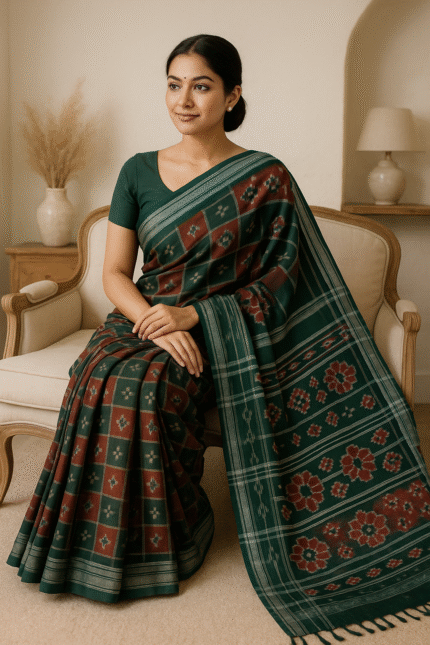 Vanika Green Ikat Saree Sambalpuri Cotton