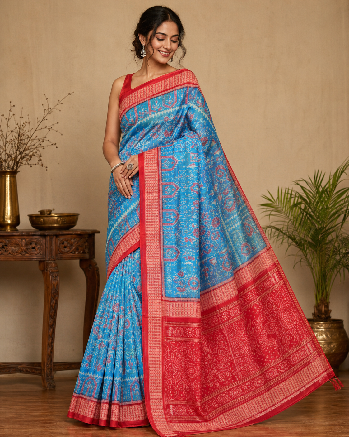 Model 1 Sambalpuri Pata Silk Pasapalli Saree with Contrast Anchal & Stripe Blouse Piece - Image 1