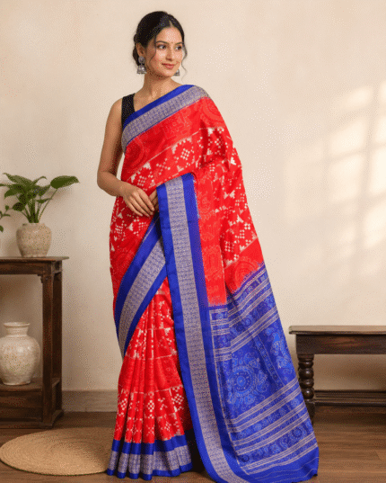 Sambalpuri Pata Silk Pasapalli Saree with Contrast Anchal & Stripe Blouse Piece