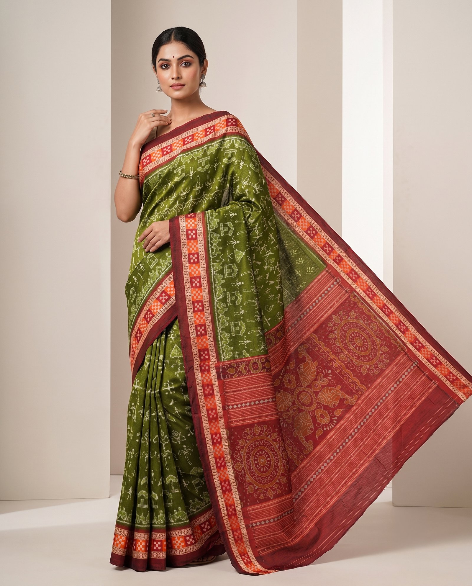 Model 1 Sambalpuri Pata Silk Pasapalli Border Saree with Contrast Anchal & Blouse Piece - Image 1
