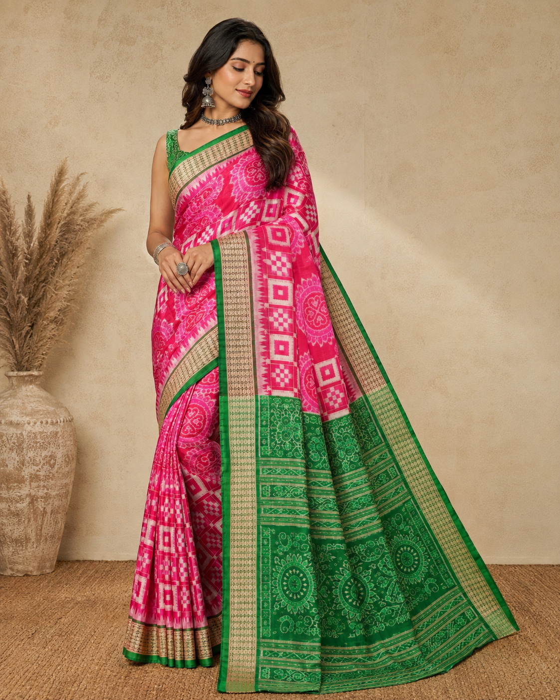 Model 1 Sambalpuri Pata Silk Saree with Contrast Anchal & Blouse Piece - Image 1