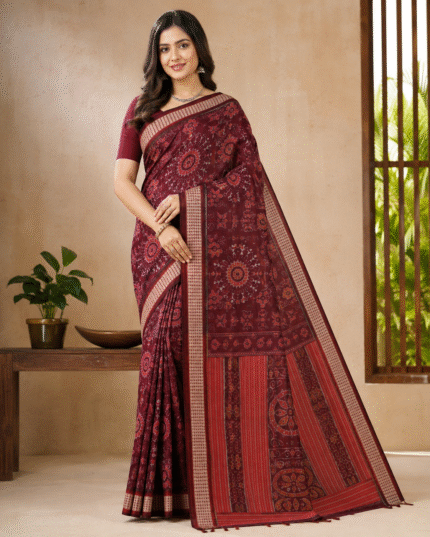 Sambalpuri Plain Pata Silk Pasapalli Saree with Kumbha Border, Contrast Anchal & Blouse Piece