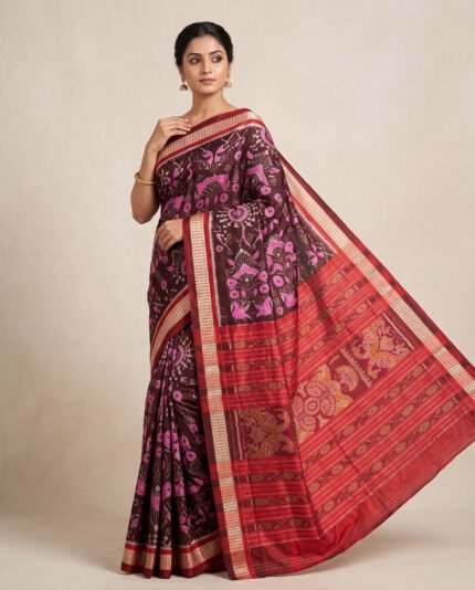 Sambalpuri Pata Silk Saree with Contrast Anchal & Blouse Piece