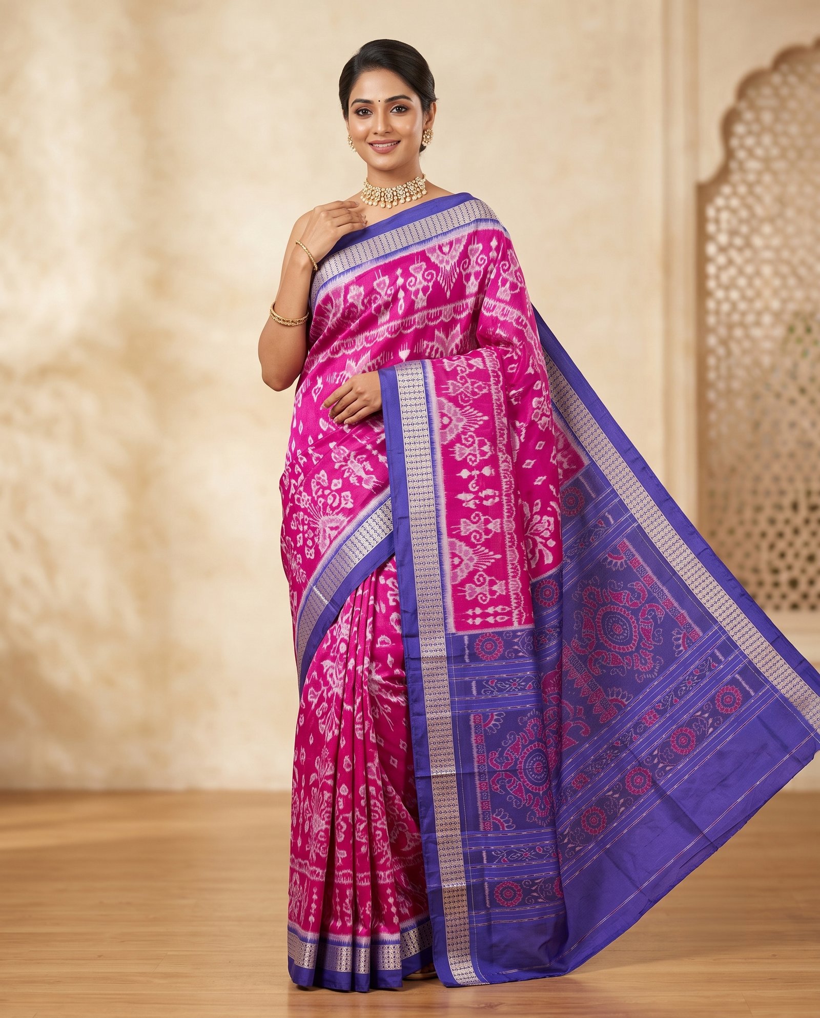 Model 1 Sambalpuri Pata Silk Pasapalli Border Saree with Contrast Anchal & Blouse Piece - Image 1