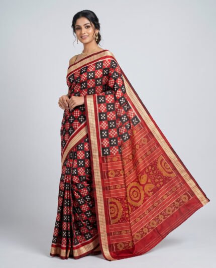 Sambalpuri Plain Pata Silk Pasapalli & Kumbha Border Saree with Contrast Anchal & Blouse Piece