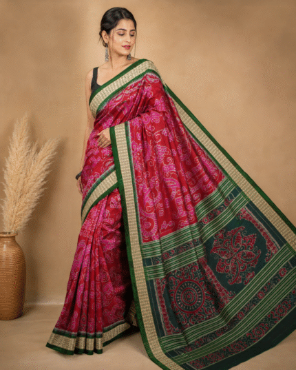 Sambalpuri Pata Silk Saree with Contrast Anchal & Blouse Piece