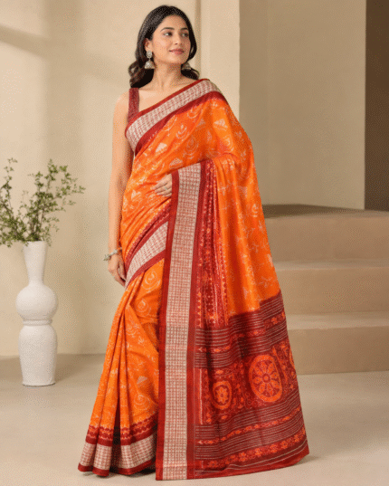 Sambalpuri Pata Silk Saree with Contrast Anchal & Blouse Piece